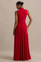 Cascade | Red High-Neck Maxi Dress With Twist Detail