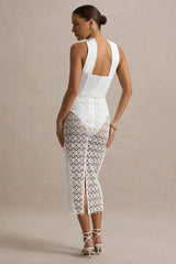 Tamala | White High-Neck Midi Dress With Lace Skirt