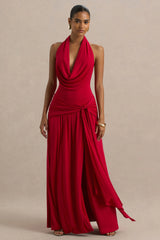 Mist | Red Plunge-Neck Maxi Dress With Sash Detail And Front High Split