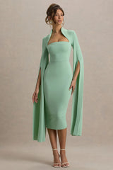 Linden | Light Green Bodycon Cape-Sleeve Midi Dress