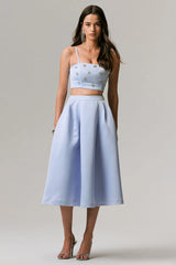 Iris | Blue Satin Pleated Midi Skirt