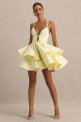 Flavia | Lemon Linen Plunge-Neck Ruffled Skater Micro-Mini Dress