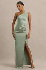 Beth | Sage Asymmetric Neckline High-Split Maxi Dress