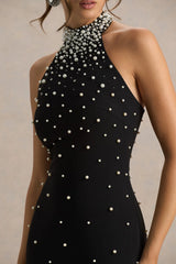 Dani | Black Hand-Embellished Halter-Neck Maxi Dress