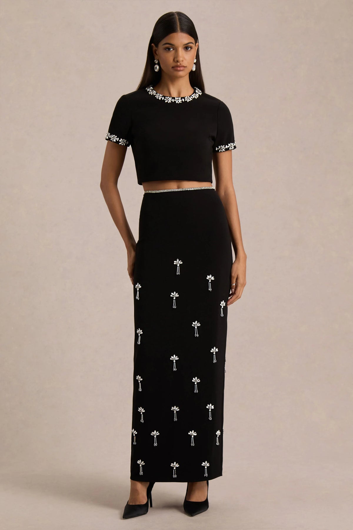 Aven | Black Hand-Embellished Maxi Skirt