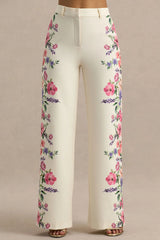 Solana | White Floral Border Print Wide-Leg Trousers