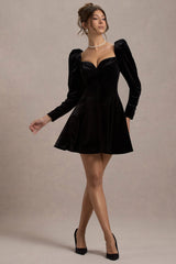 Shirley | Black Velvet Sweetheart Puff-Sleeve Mini Dress