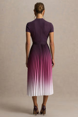 Libby | Burgundy Ombre Woven High-Neck Midi Dress With Pleated Detailing