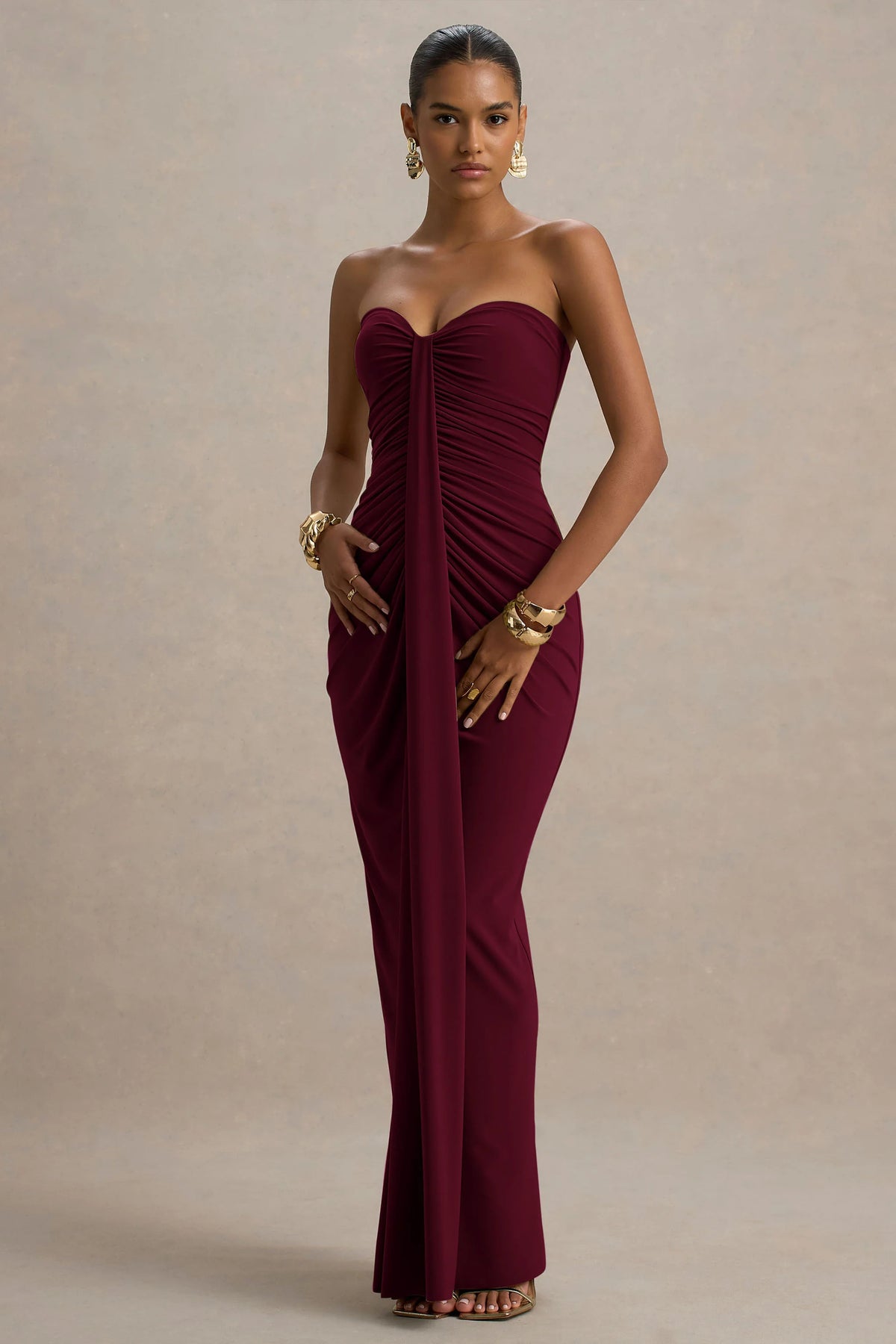 Ali | Burgundy Sweetheart Ruched Wrap Maxi Dress