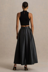 Noa | Black Faux Leather A-Line Midi Skirt