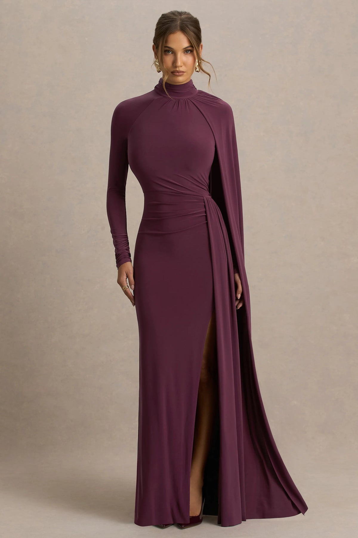 Anticipation | Burgundy High-Neck Maxi Dress With Front Split And Ruched Detailing
