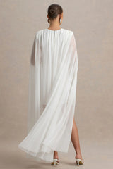 Charlene | White High-Neck Maternity Mini Dress With Mesh Cape