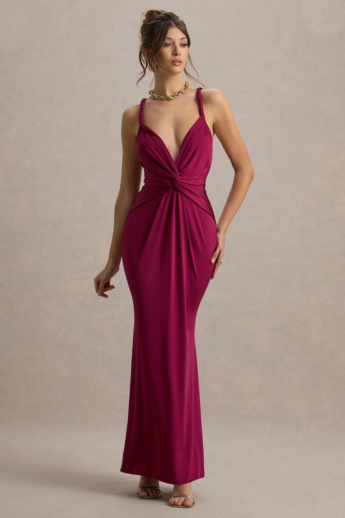 Santez | Dark Cherry Twisted Plunge-Neck Maxi Dress