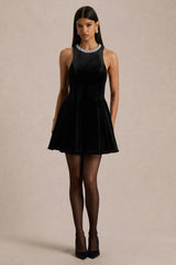 Meva | Black Velvet Hand-Embellished High-Neck Mini Dress
