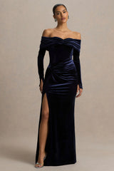 Countess | Navy Bardot-Neck Wrapped Maxi Dress With Front-High Split