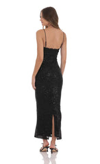 Lace Trim Sequin Maxi Dress in Black
