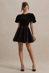 Priya | Black Velvet Mini Dress With Puff Sleeves