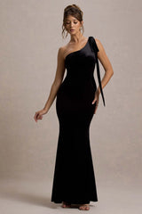 Jillian | Black Velvet Asymmetric Maxi Dress With Bow Strap