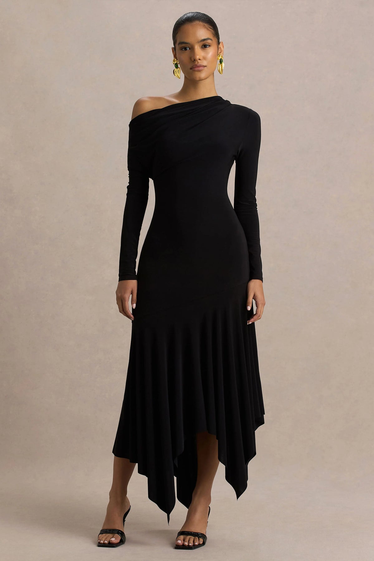 Isola | Black Asymmetric-Neck Midi Dress With Drop-Waist