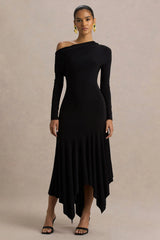 Isola | Black Asymmetric-Neck Midi Dress With Drop-Waist