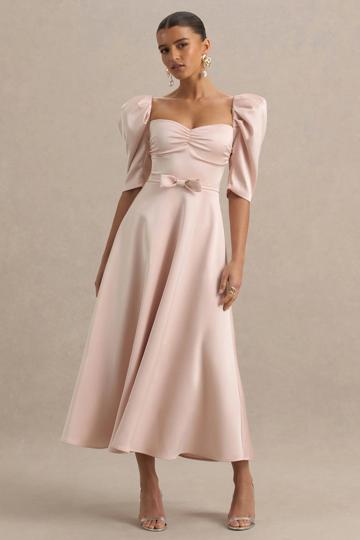 Rosey | Pale Pink Satin Sweetheart Midi Dress