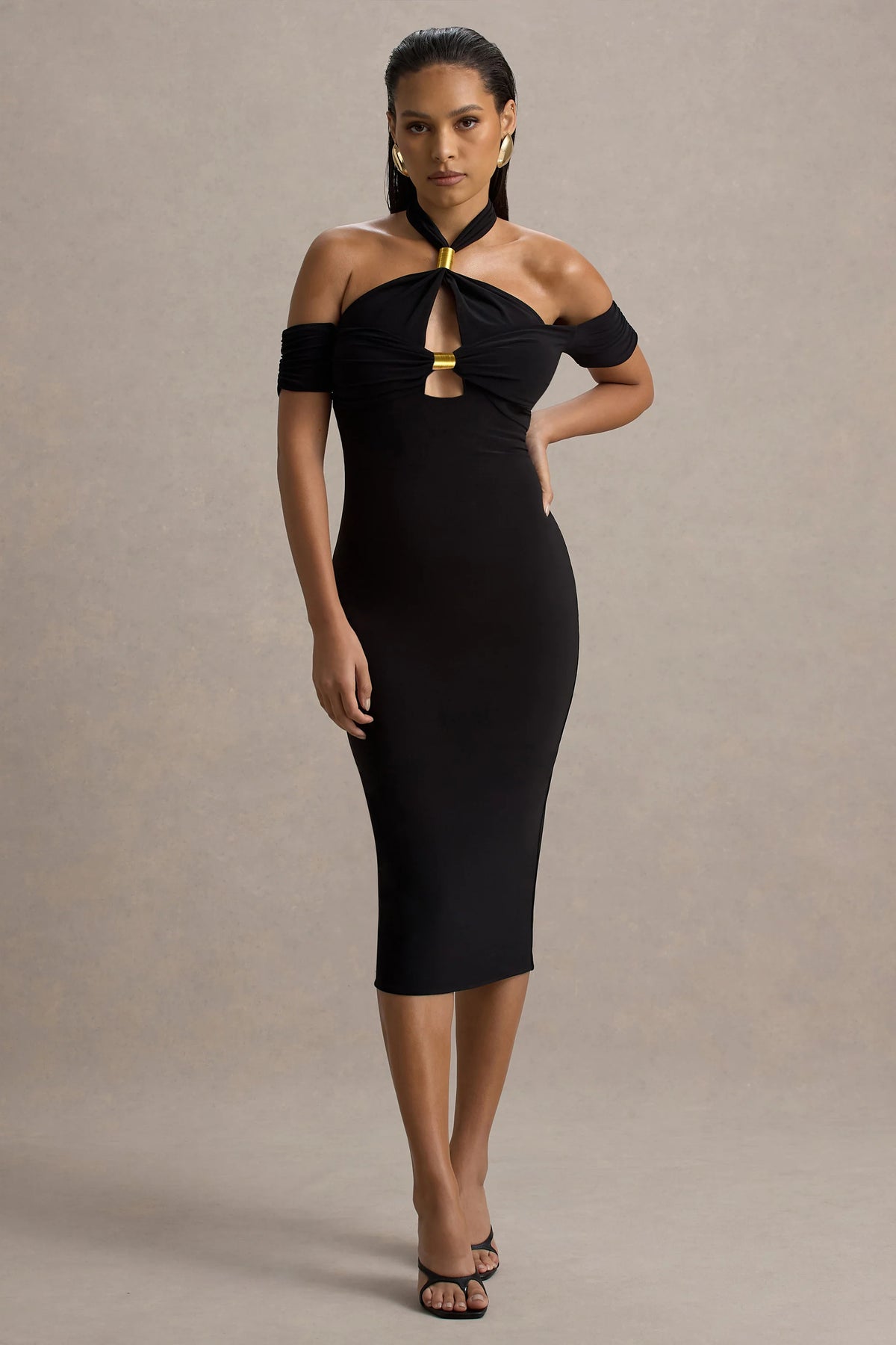 Selvina | Black Cut-Out Halter-Neck Midi Dress