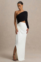 Malika | Black And White Asymmetric-Neck Maxi Dress With Body-Cut Out And Ruched Detailing