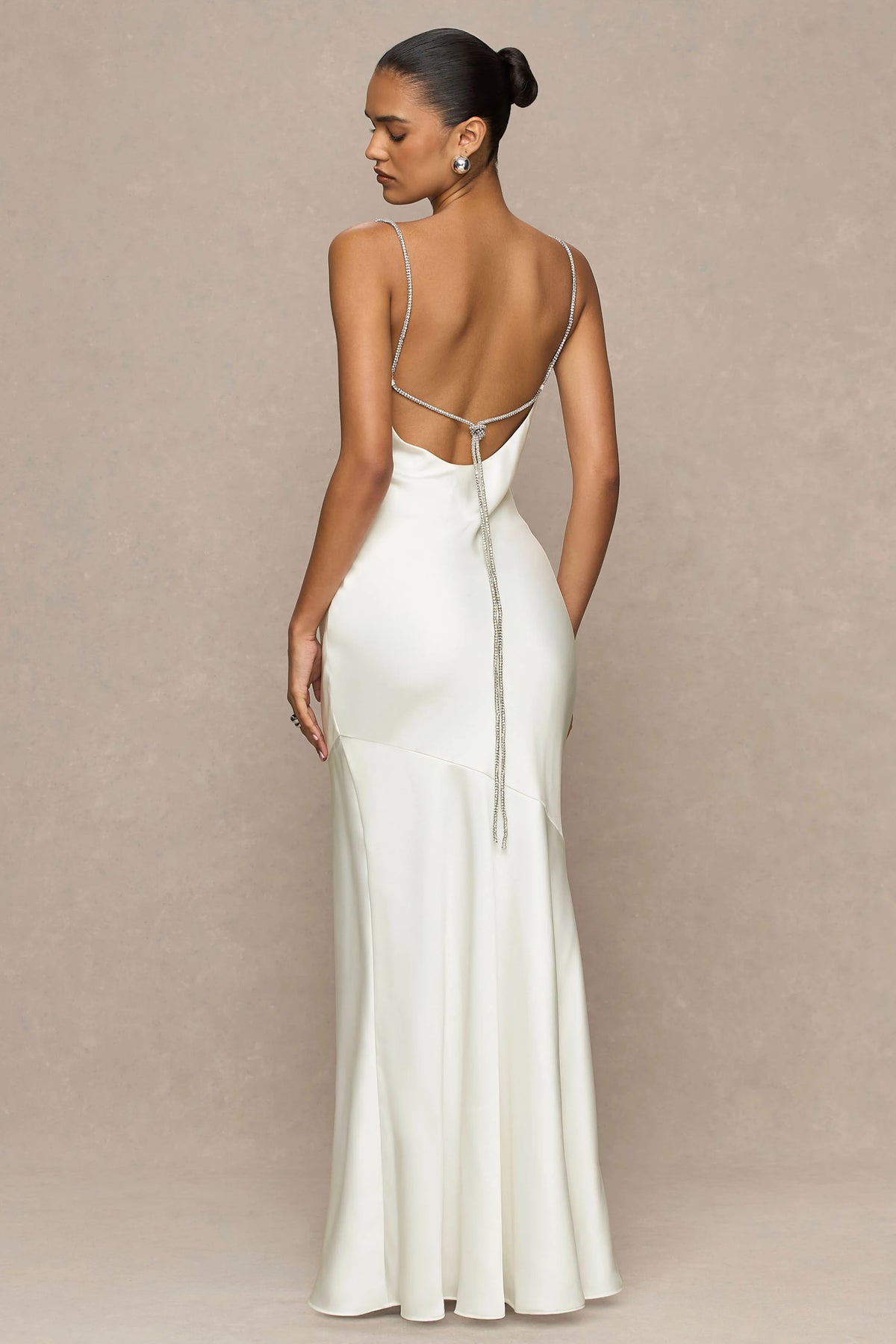 Maelia | Cream Satin Cowl-Neck Maxi Dress With Diamante Straps