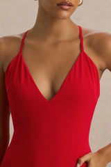 Bogota | Red Plunge-Neck Maxi Dress With Ruffling Details And Front High Split