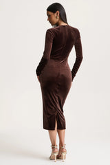 Francine | Brown Velvet Round-Neck Midi Dress With Cut-Out Details