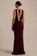 Mallie | Burgundy Cowl-Neck Maxi Dress With Open-Back And Gathered-Detailing