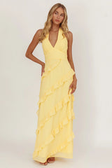 Flirt Frill Trim Halter Maxi Dress Lemon