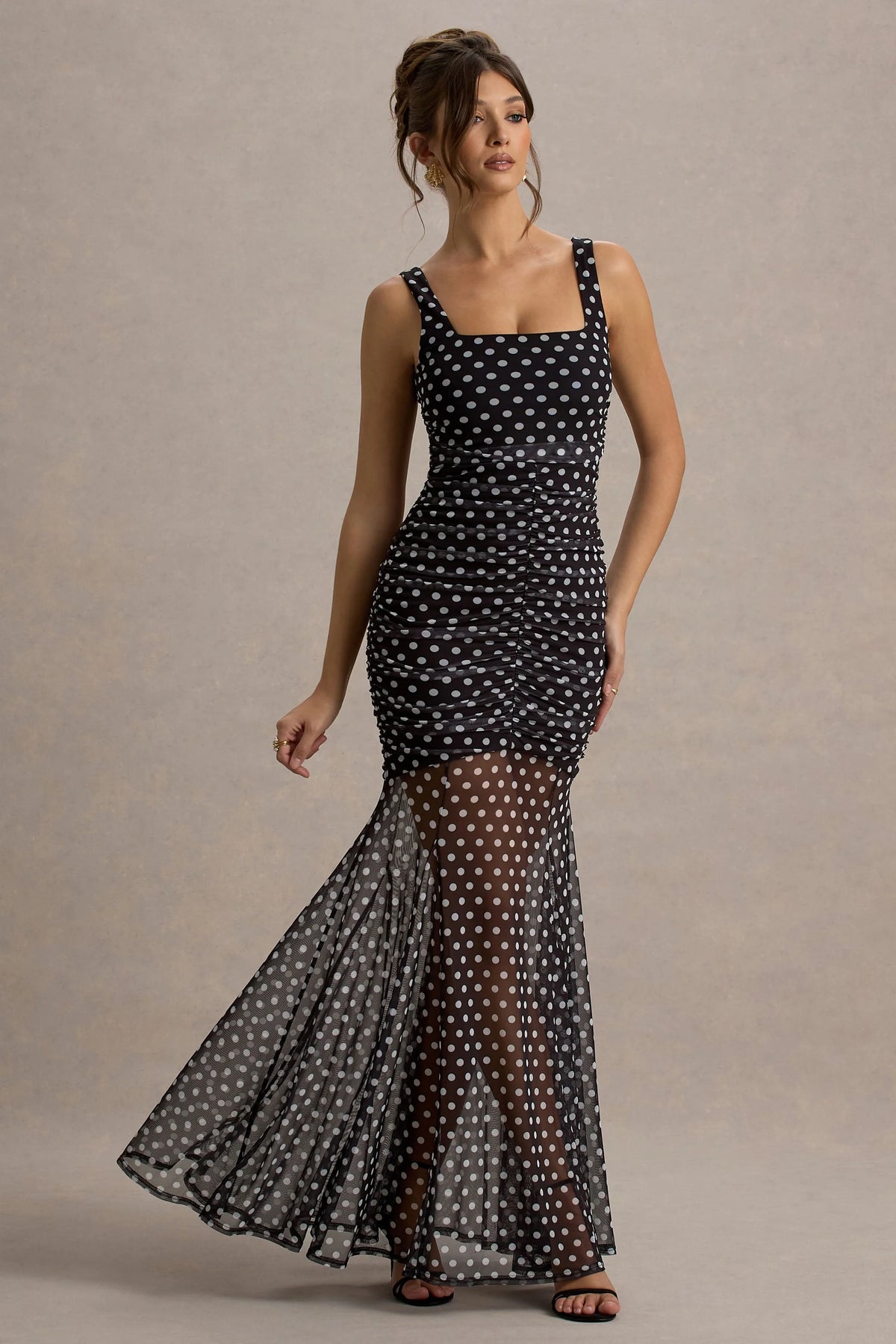 Galaxia | Black & White Polka Dot Maxi Dress With Mesh Skirt