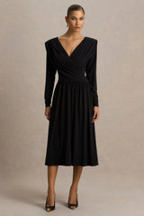 Alexis | Black Plunge-Neck Maxi Dress With Draped And Ruched Detailing