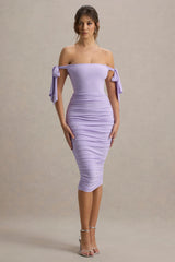 Citrus | Lilac Bardot Bodycon Midi Dress With Bow Sleeves