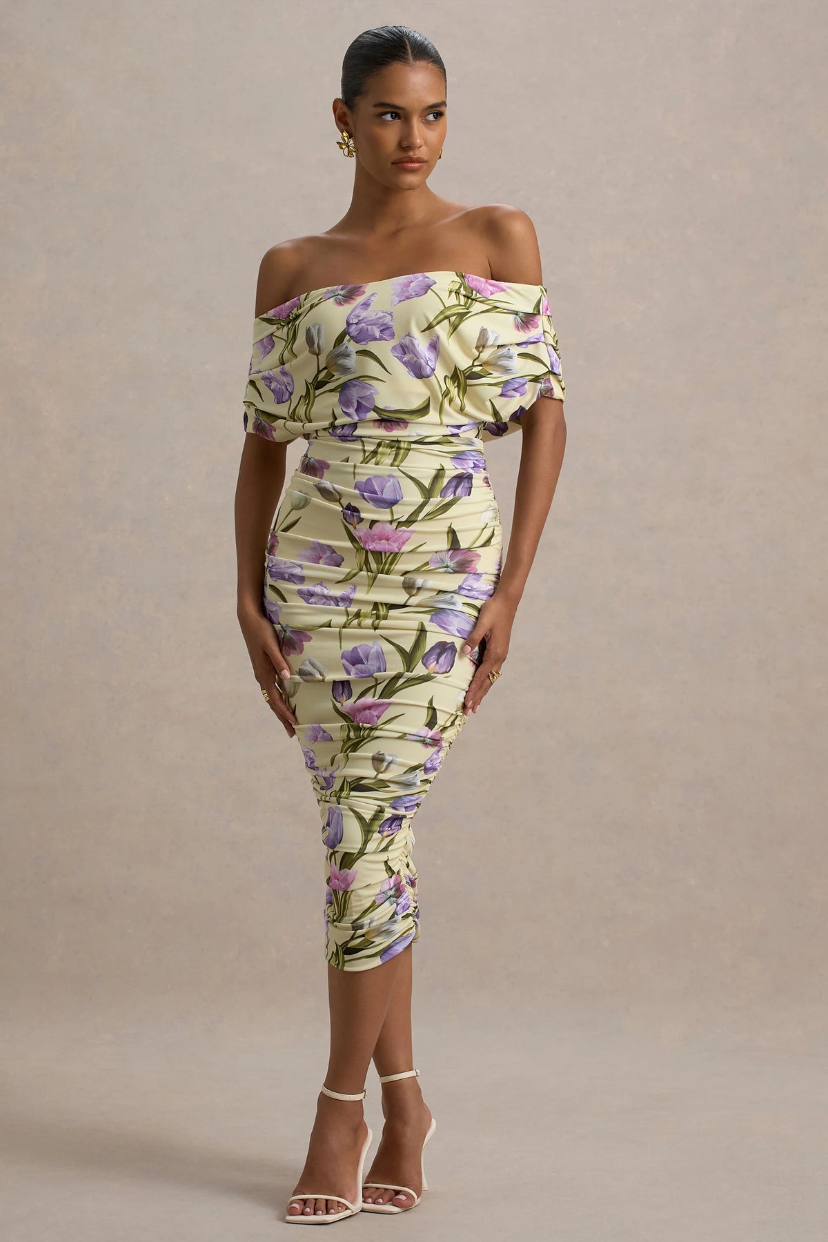 Rayleigh | Tulip Floral Print  Bardot Ruched Midi Dress