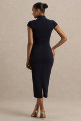Elsie | Navy Cut-Out Neck Midi Dress With Short Sleeves