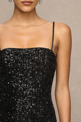 Allora | Black Sequin Bandeau Maxi Dress With Pleated Skirt