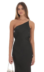 One Shoulder Pearl Satin Maxi Dress in Black