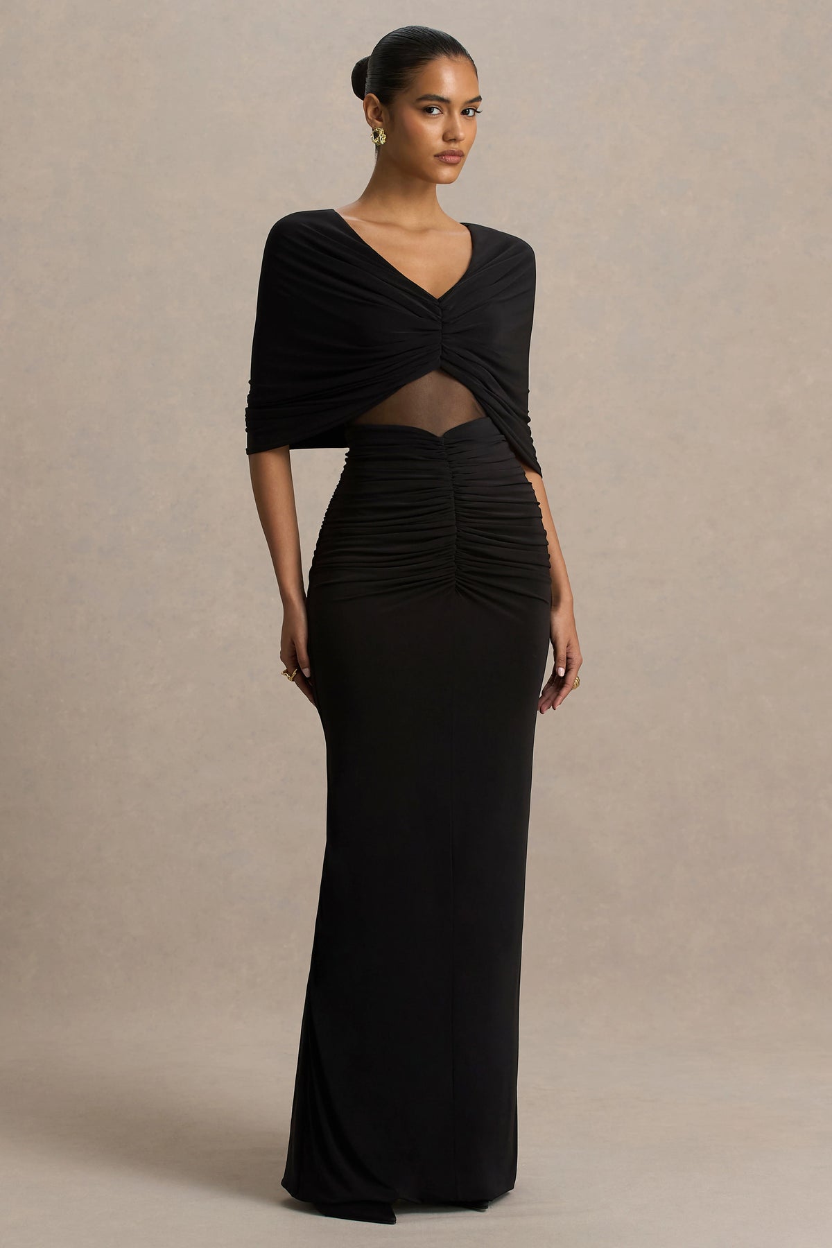 Zinnie | Black Cape-Sleeve Maxi Dress With Mesh Panel