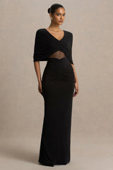 Zinnie | Black Cape-Sleeve Maxi Dress With Mesh Panel