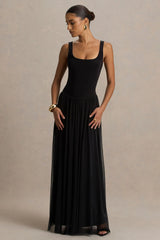 Amelia | Black Scoop-Neck Maxi Dress With Drop Waist And Pleating