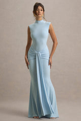 Graziana | Powder Blue High-Neck Gathered Draped Maxi Dress