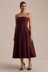 Thalia | Burgundy High-Neck Midi Dress With Sheer Mesh Cape