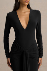 Saffie | Black Extreme-Plunge Wrap Maxi Dress With Long-Sleeves And Ruched Detailing