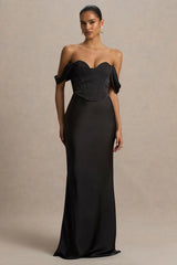 Perenna | Black Satin Sweetheart-Neck Maxi Dress With Draped-Sleeves