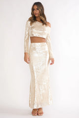 Crystalline Asymmetric Neckline Crop Top Sequin Champagne