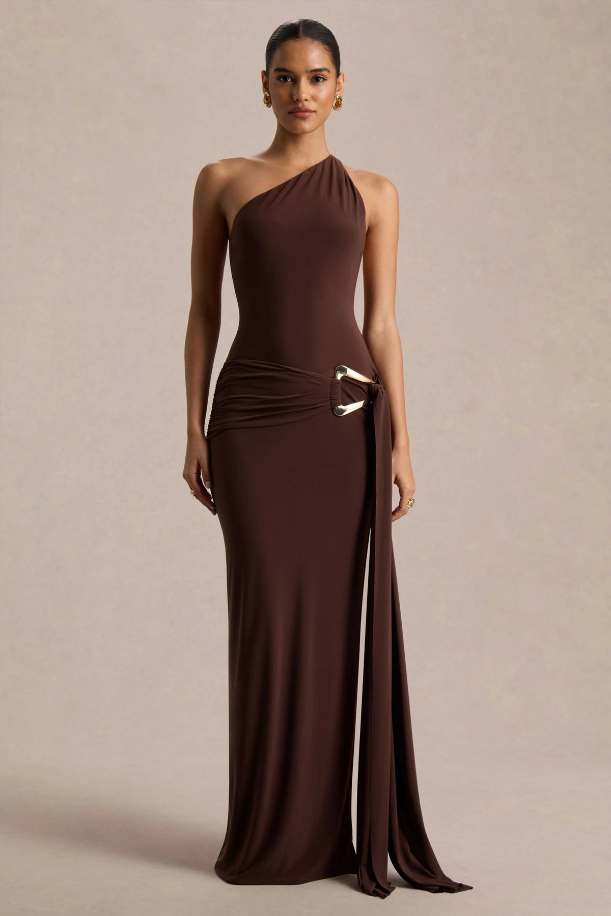 Bonnie | Brown Asymmetric-Neck Maxi Dress With Ruched-Detailing