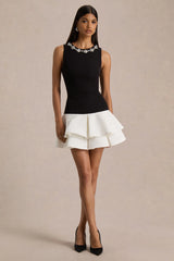 Nalani | Black And White Crew-Neck Mini Dress With Embellishment And Ruffled Detailing