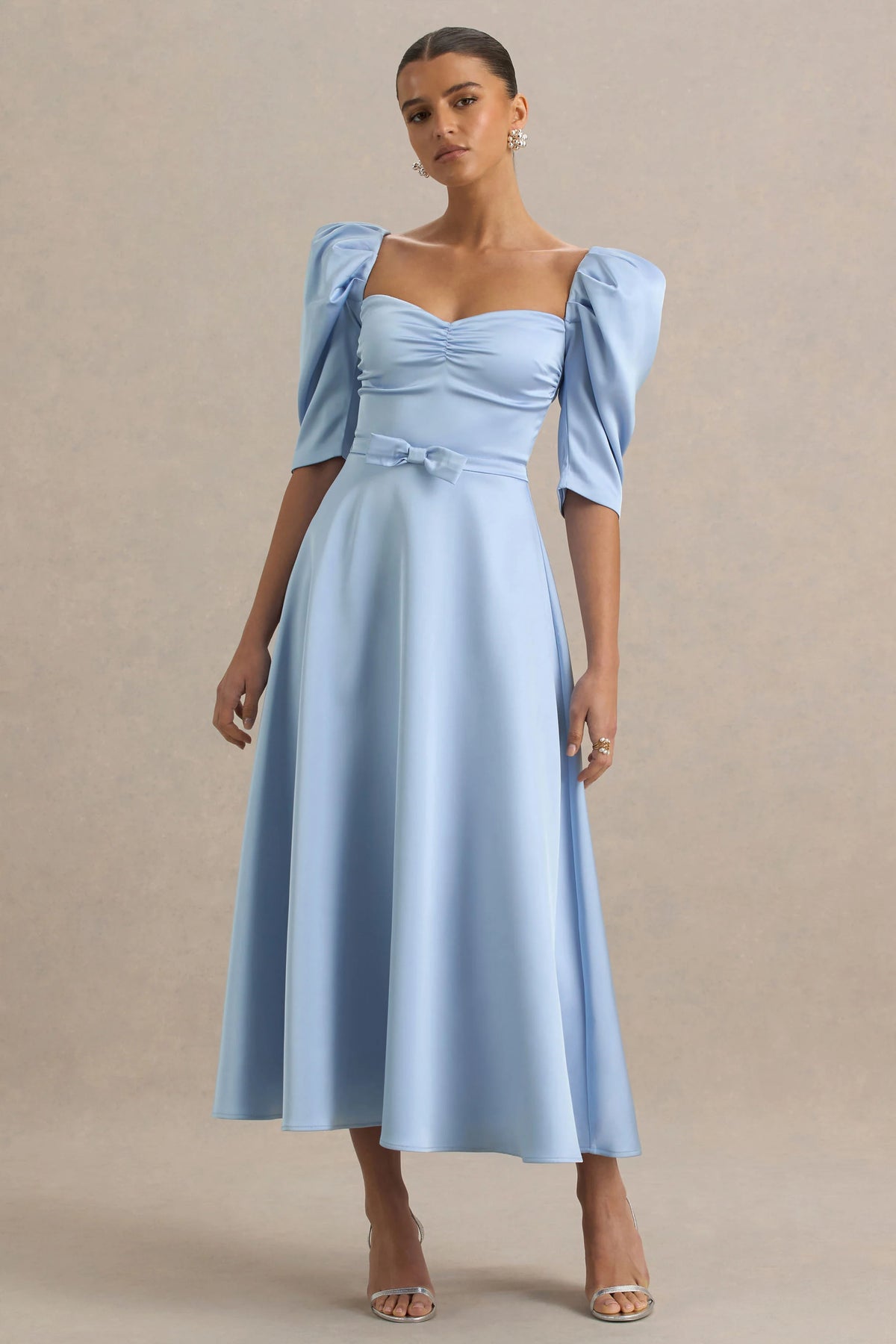 Rosey | Powder Blue Satin Sweetheart Midi Dress
